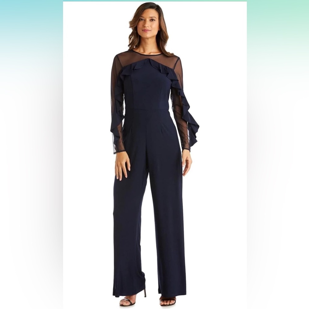 R&M Richards women’s ruffled illusions sleeve formal Navy jumpsuit.